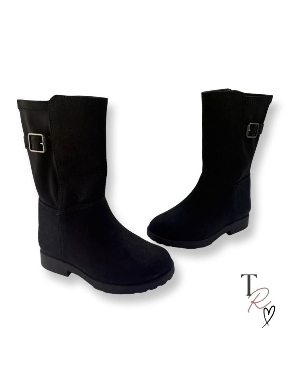 Stride Rite Willow Girls Black Mid-Calf Black Suede Side Zip Boots Size 8 M